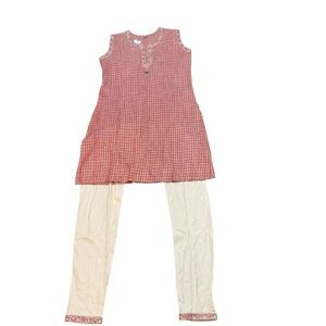 Gokuls Ladies Salwar Suit Red Gold Checkered Kurta Trousers Set New ML